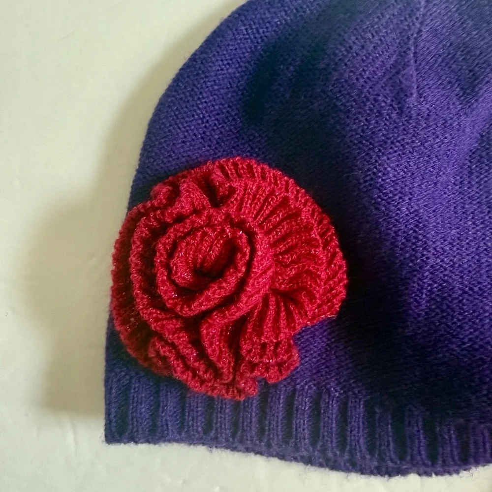 Kid's Little Girls Purple and Red Knit Beanie Hat Set with Flower Accent OS